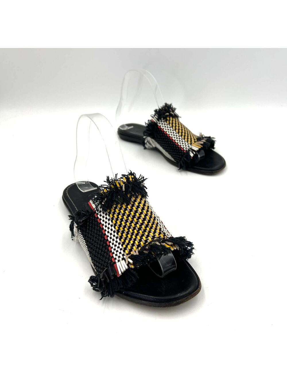 Proenza Schouler Woven Leather Slide Sandals Black Yellow Stripe